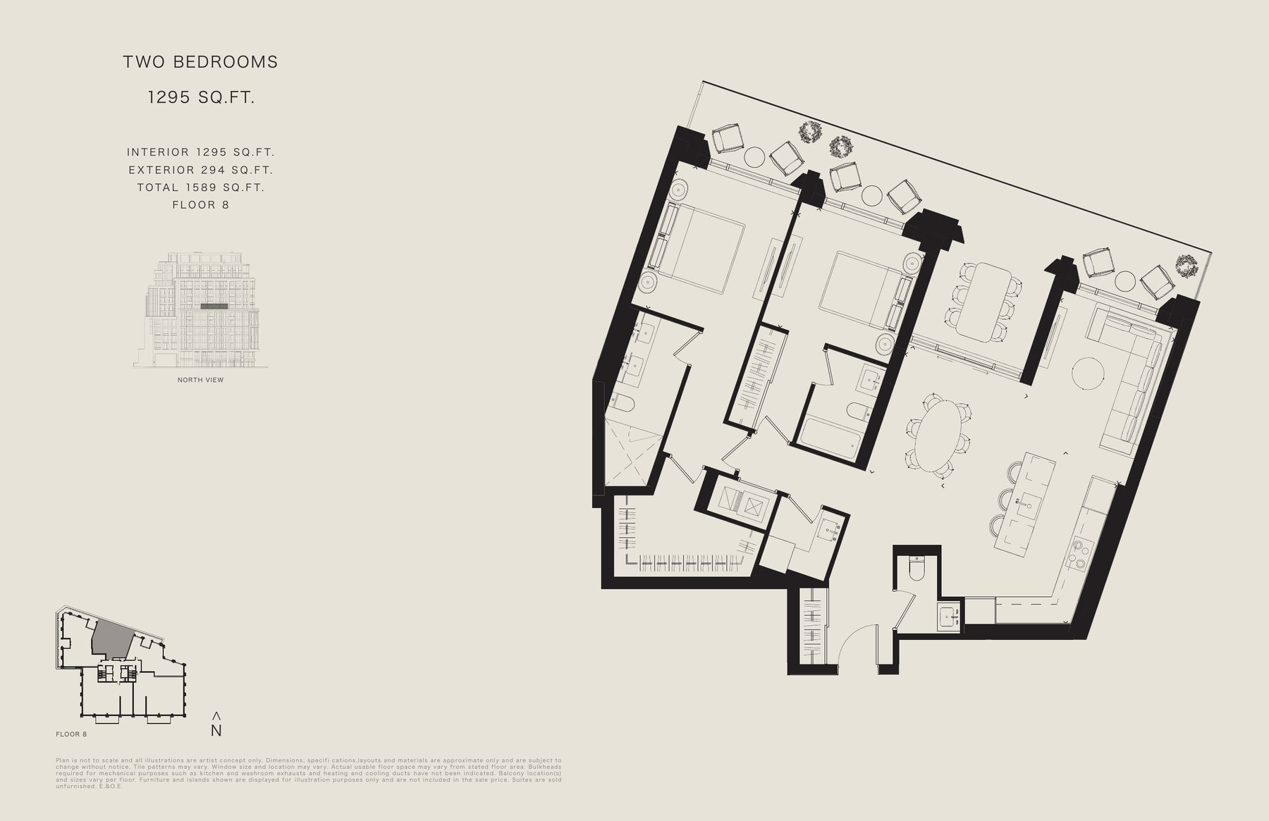 Two bedroom floor plan, 1,295sq ft