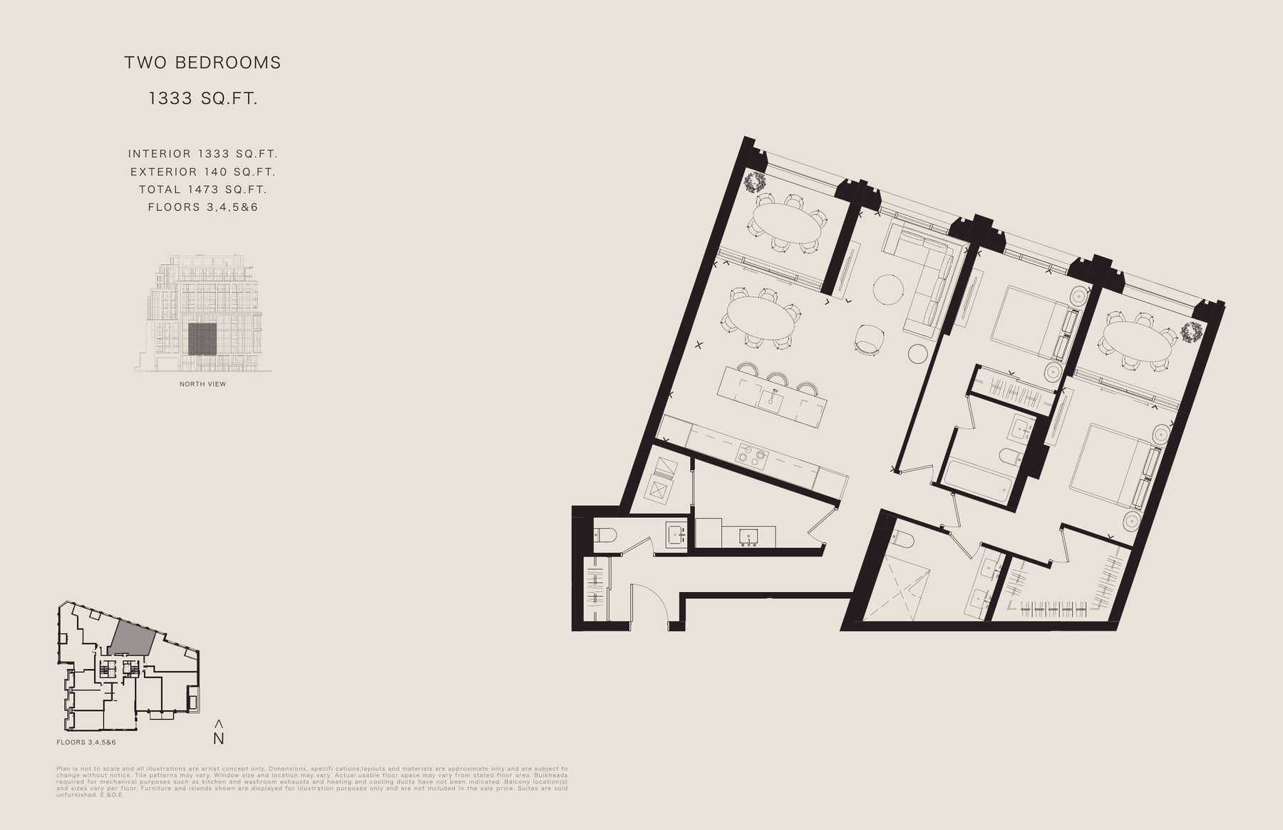 Two bedroom floor plan, 1,333sq ft