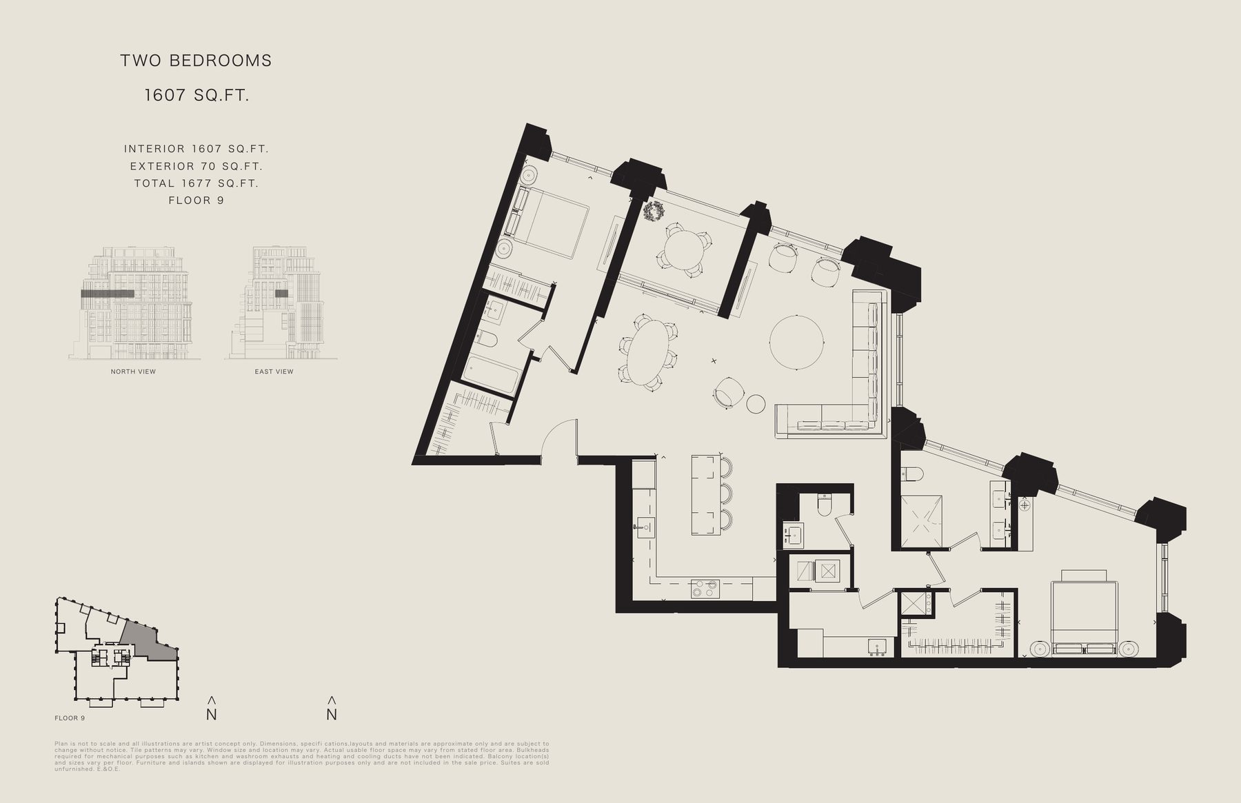 Two bedroom floor plan, 1,607sq ft