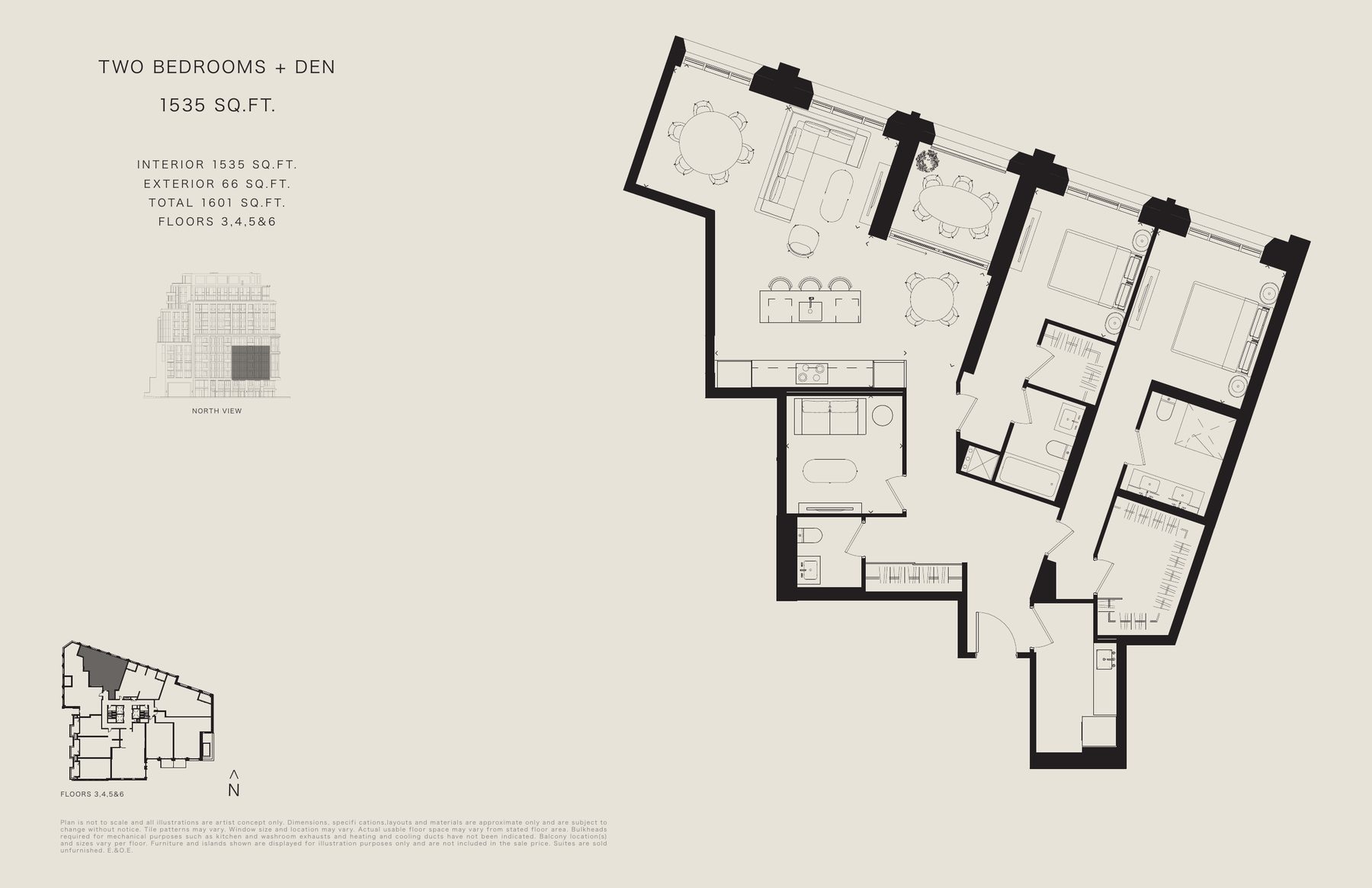 Two bedroom + den floor plan, 1,535sq ft