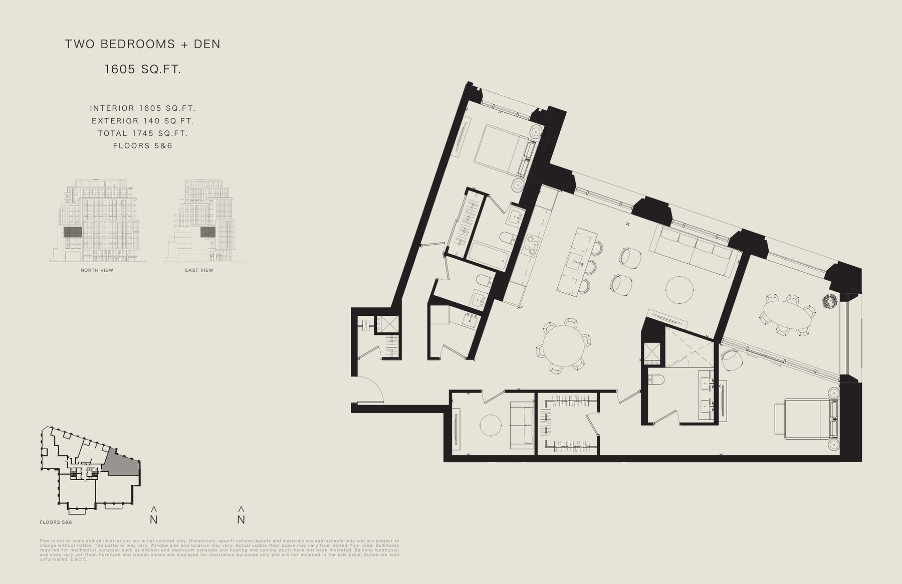 Two bedroom + den floor plan, 1,605sq ft