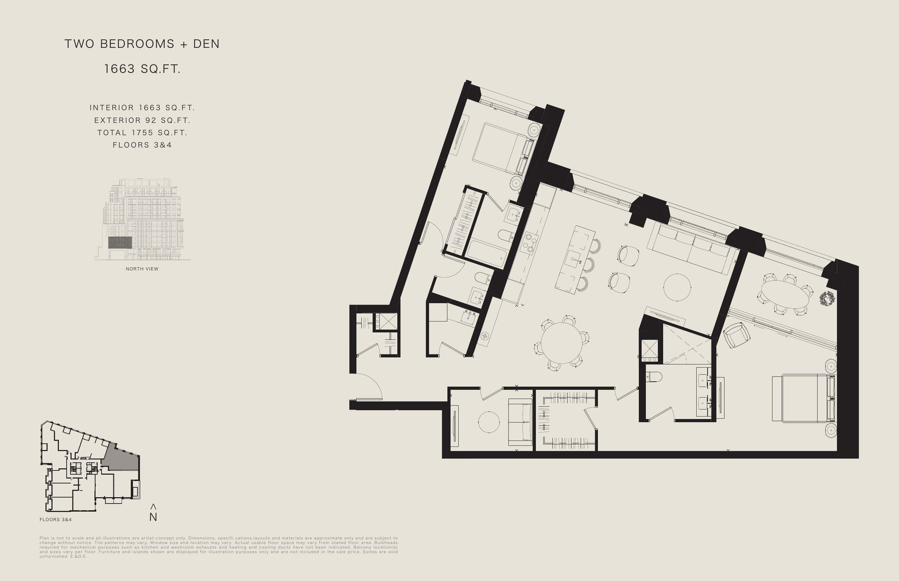 Two bedroom + den floor plan, 1,663sq ft