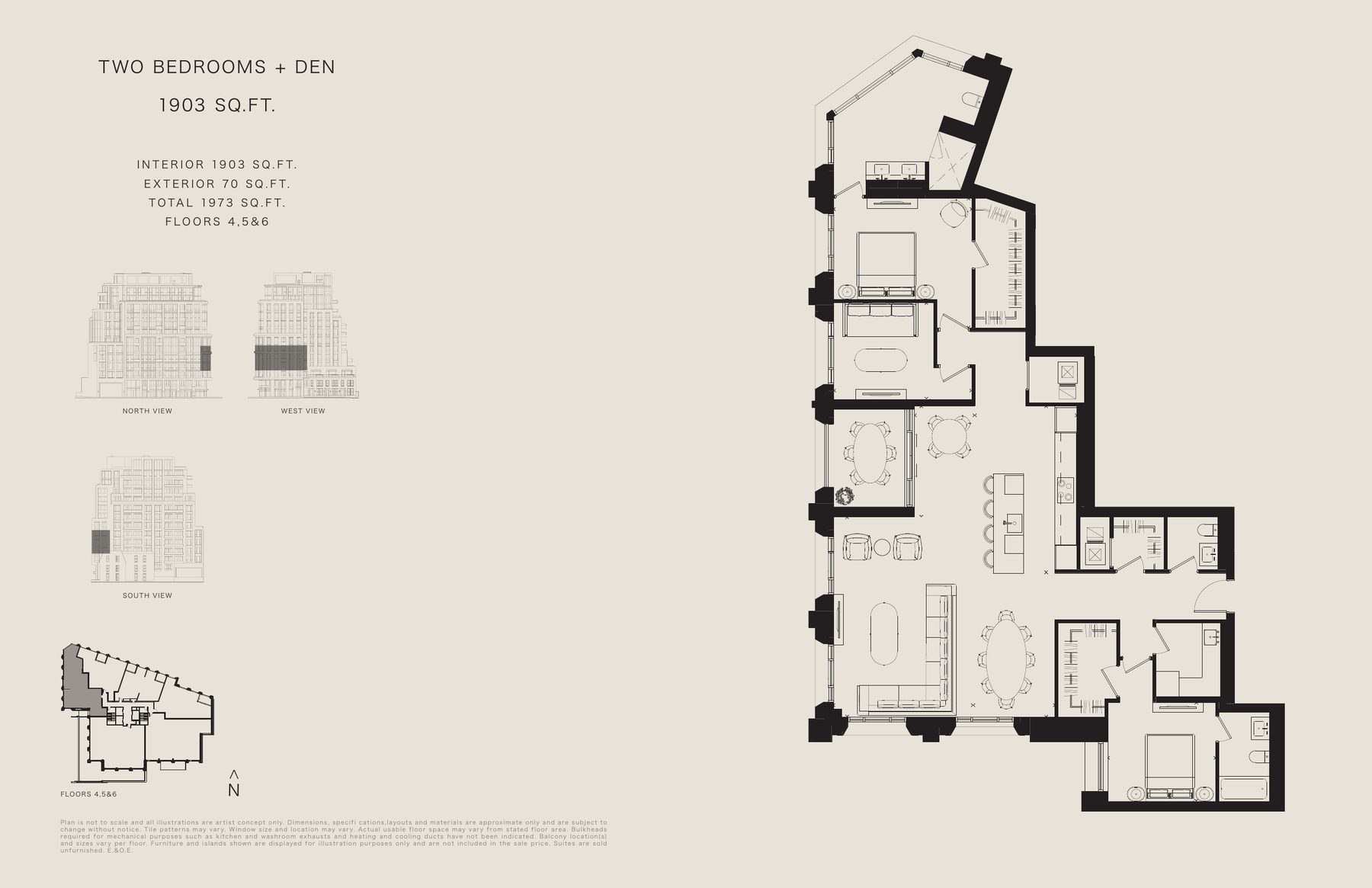 Two bedroom + den floor plan, 1,903sq ft