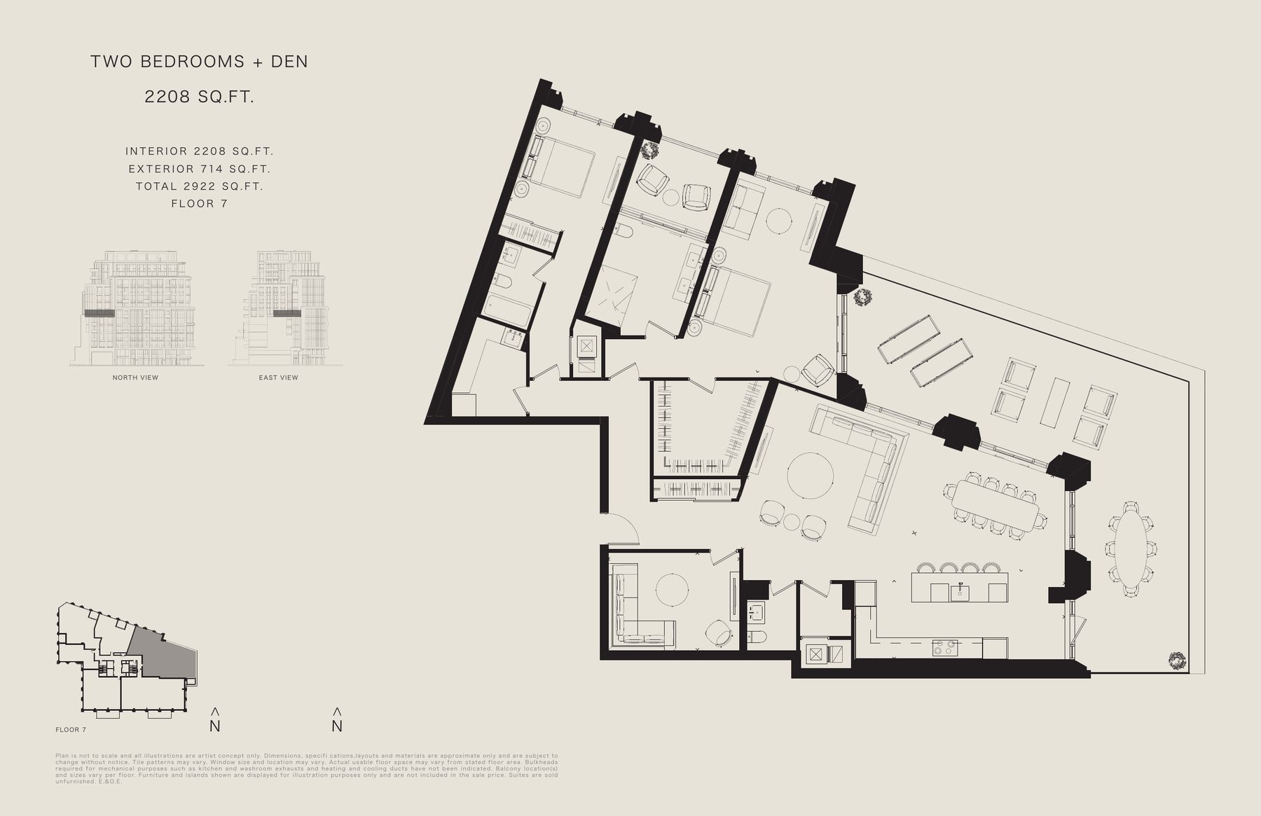 Two bedroom + den floor plan, 2,208sq ft