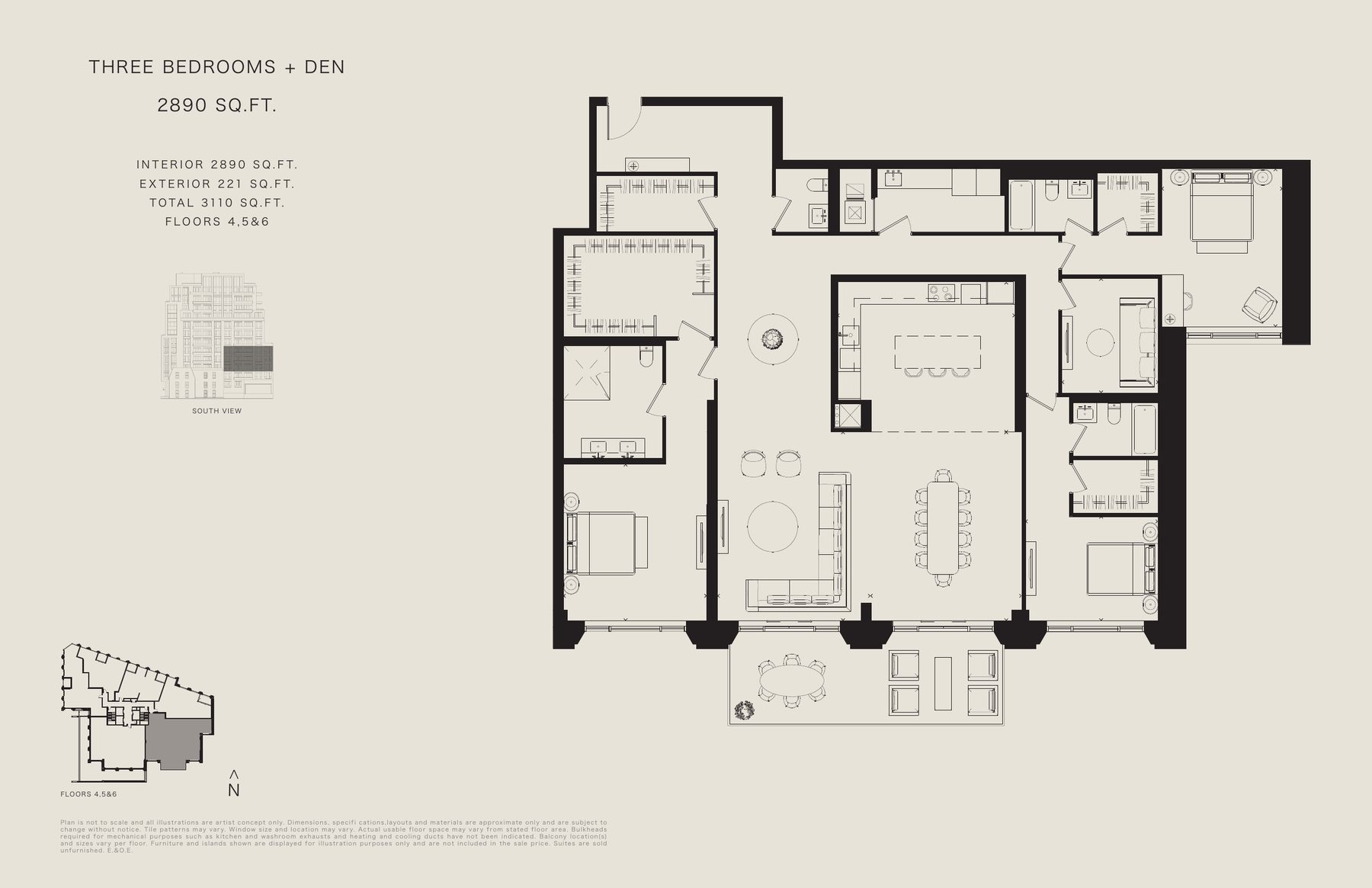 Three bedroom + den floor plan, 2,890sq ft