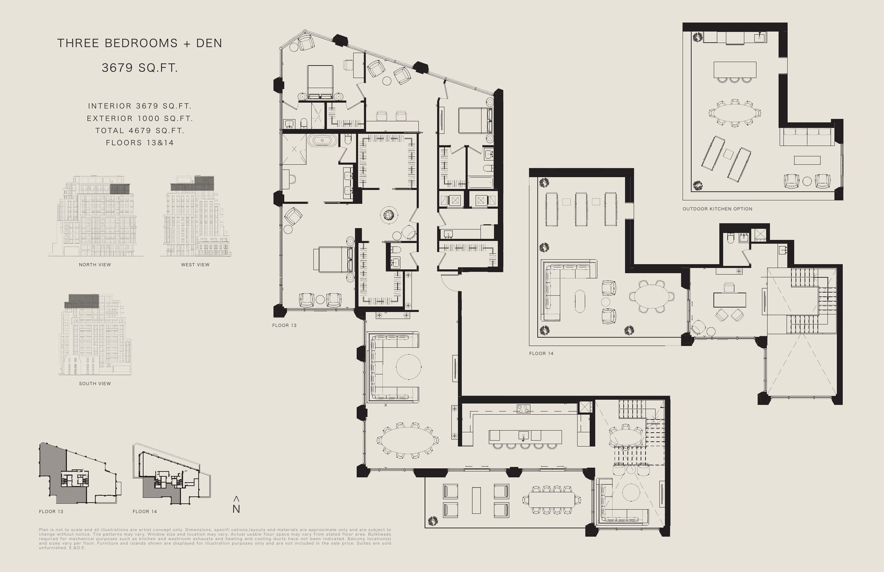 Three bedroom + den floor plan, 3,679sq ft